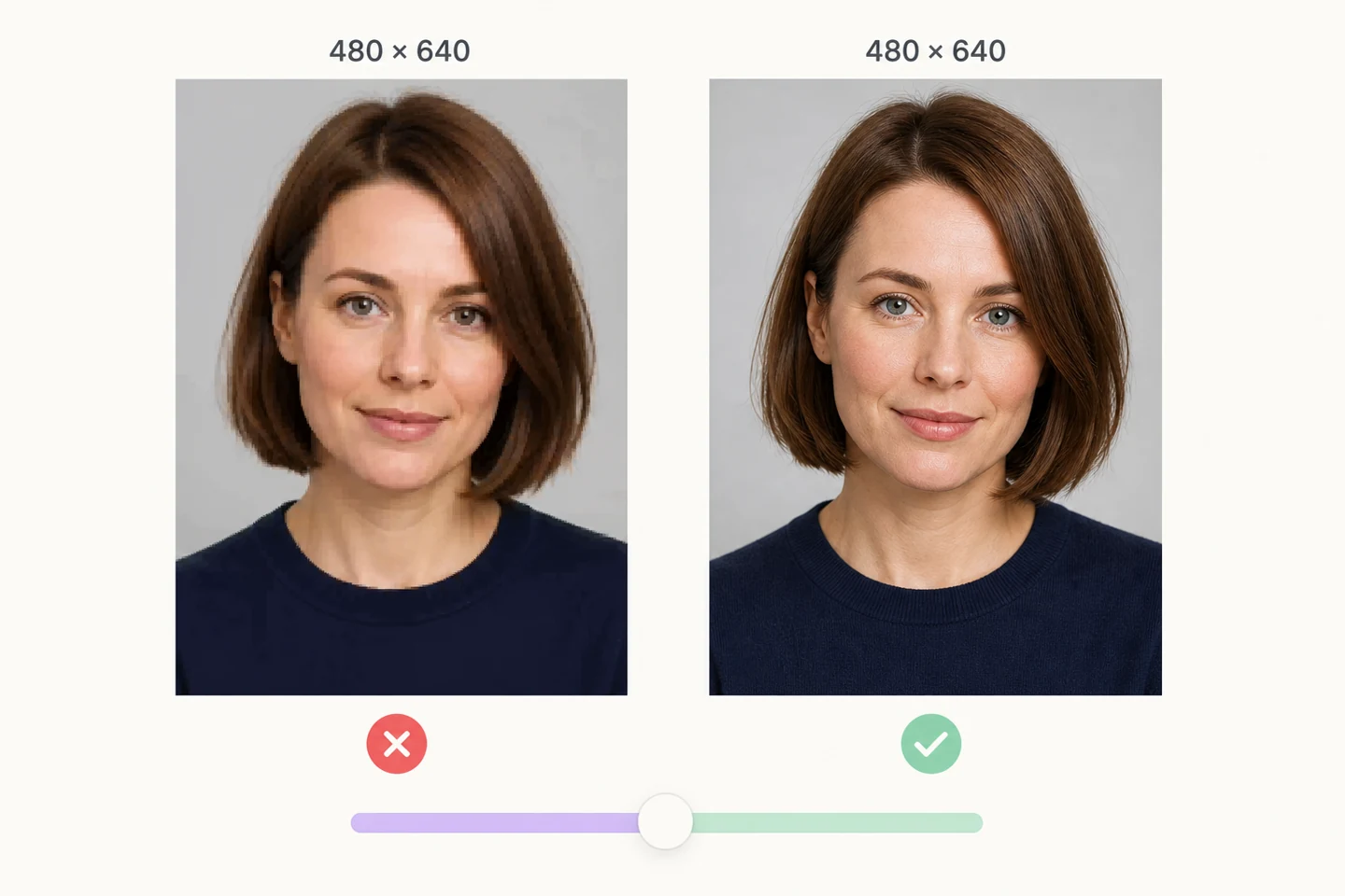 With dimensions fixed, adjust quality and check the downloaded file size and facial detail.