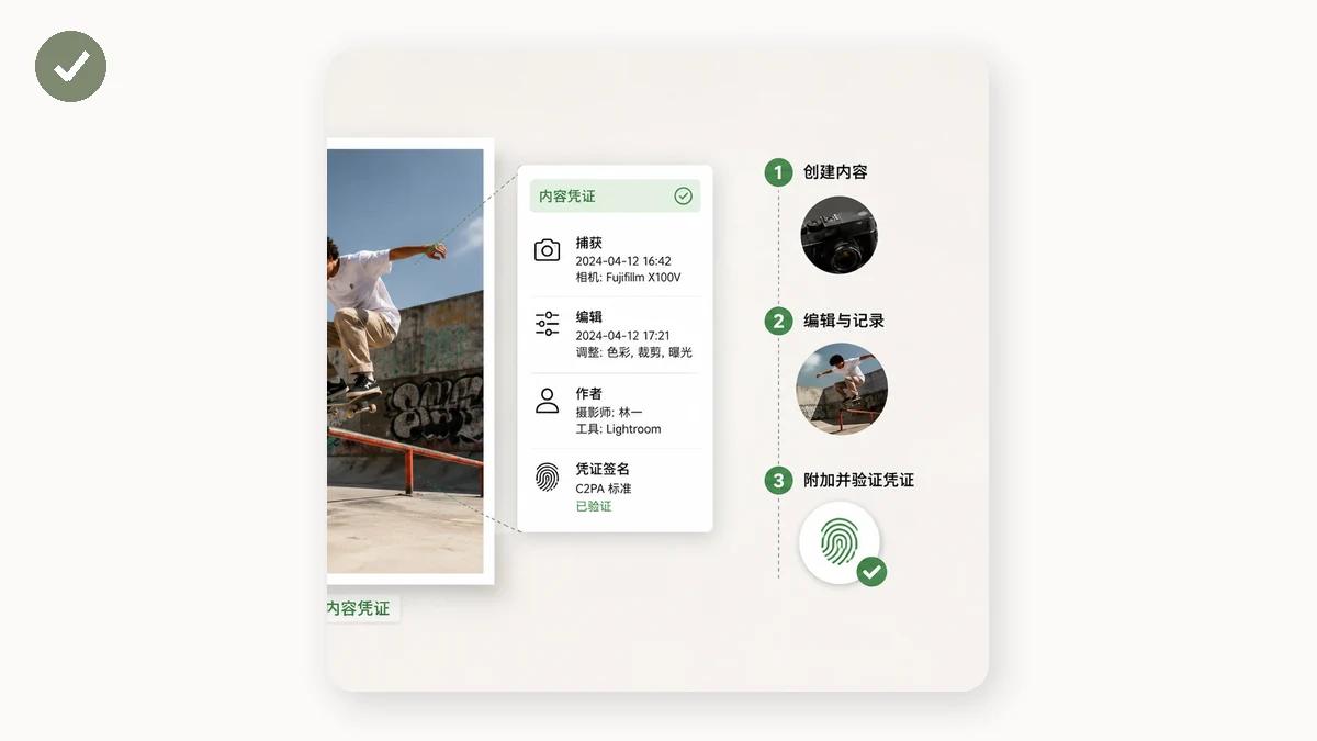 "C2PA 内容凭证是什么：从相机到 AI 生图的溯源链" — visual 2