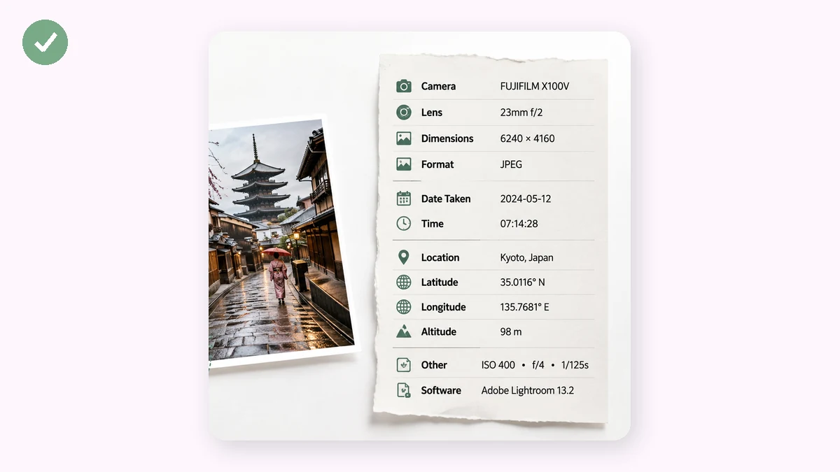 "一张照片里到底藏了多少信息:EXIF、XMP 和生成器字段" — visual 2